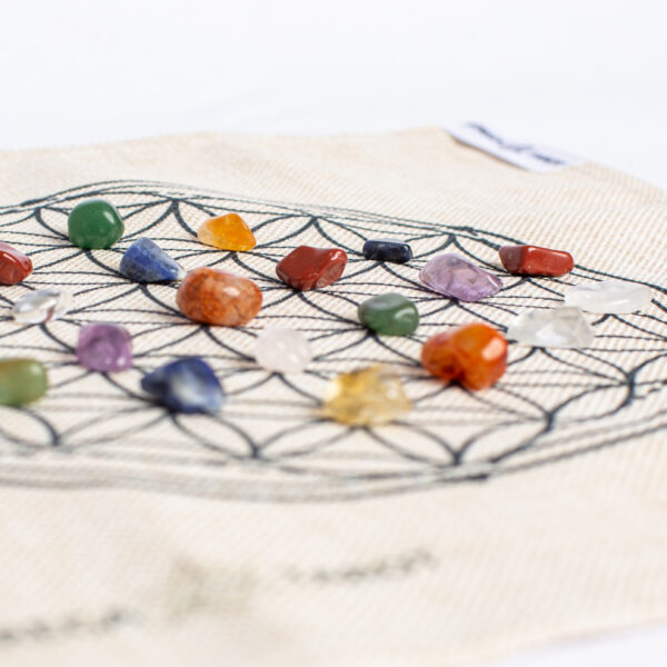 Crystal Grid con diseño de la Flor de la Vida y cristales seleccionados para amplificar intenciones y energía.